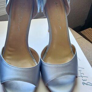 Betsey Johnson Blue Satin Heels with Crystal Bow Back